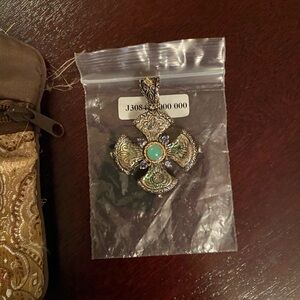 Barbara Bixby Sterling & 18K Carved Abalone & Gem Cross Pendant Enhancer EUC
